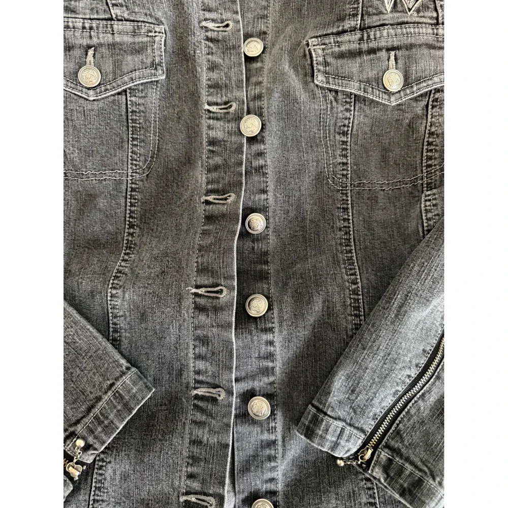 Harley Davidson‎ Y2K Women's Gray Denim Jacket Embroidered Wings & Logo Size 1W
